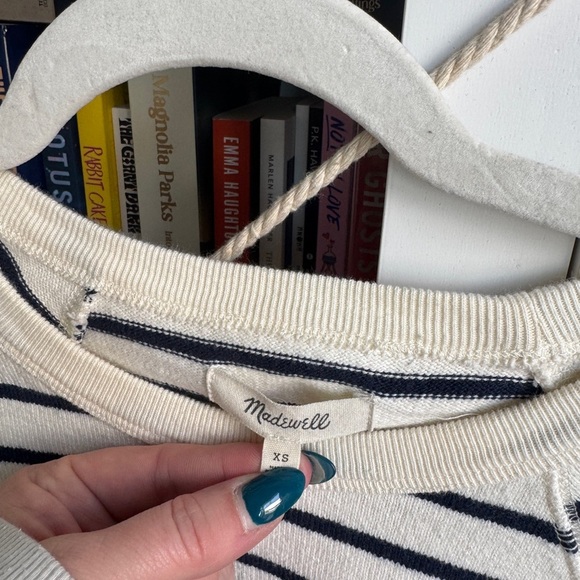 Madewell ivory blue strip cotton long sleeve crew neck retro sweatshirt top - Picture 2 of 5
